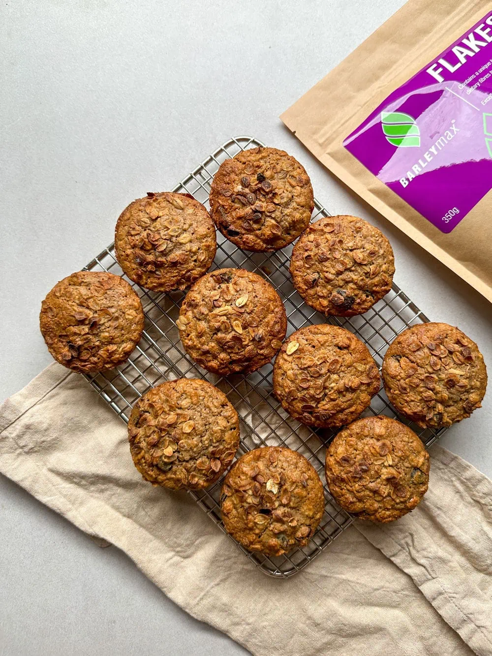 Gut friendly muffins made with BarleyMAX flakes.